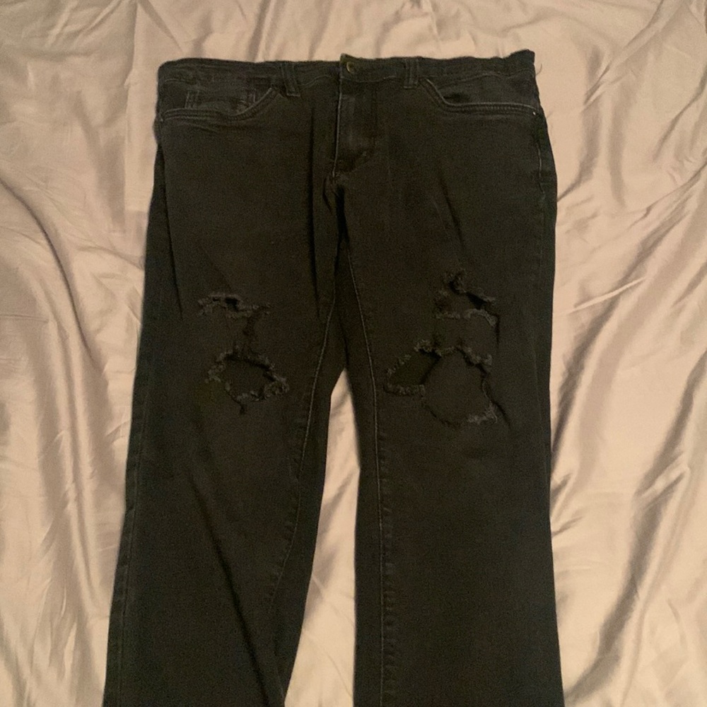 Homemade- distressed Kenneth Cole black skinny jeans 32x32